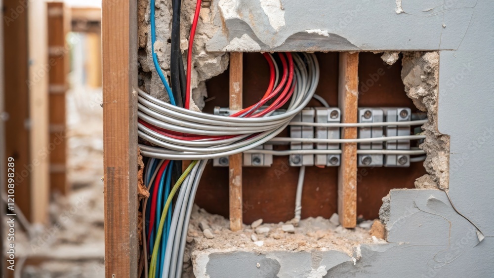 Poster a closeup of exposed electrical wires and insulation after a section of drywall has been torn down r