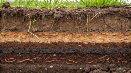 A closeup of diverse soil layers exposed at a construction site showcasing earthworms insects and organic matter emphasizing the importance of healthy soils for supporting various