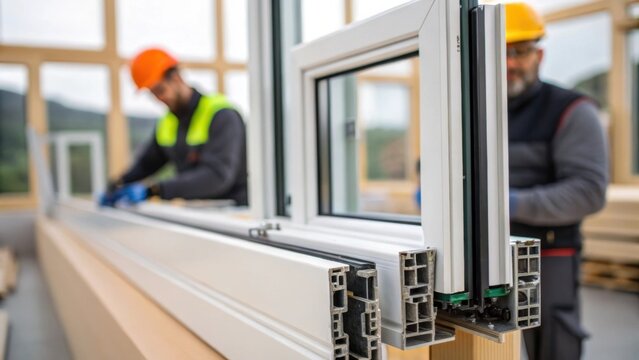 A closeup of energyefficient windows being installed with installers carefully adjusting the frames showcasing the modern techniques and materials being employed to enhance