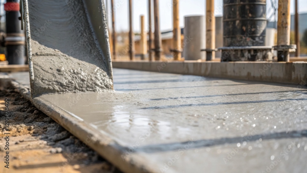 Poster a closeup of fresh concrete being poured into forms for building support pillars with the texture an