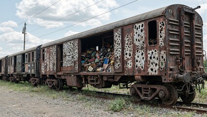 Obraz premium Abandoned bullet ridden train car with decaying military cargo