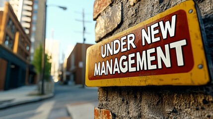 A vibrant 'Under New Management' sign on a brick wall in an urban setting, indicating change and renewal.
