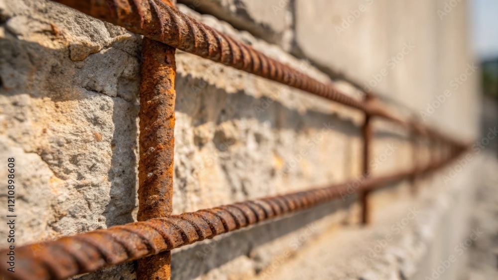 Aufkleber A closeup of rusted rebar embedded in a concrete wall portraying the integration of recycled steel in structural elements with the focus on the texture and warmth of the aged
