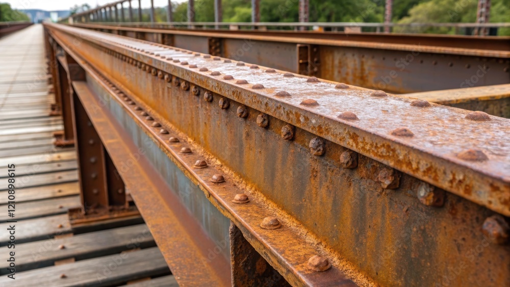 Poster a closeup of rusted steel beams being rep on an aging bridge highlighting the contrast between the n
