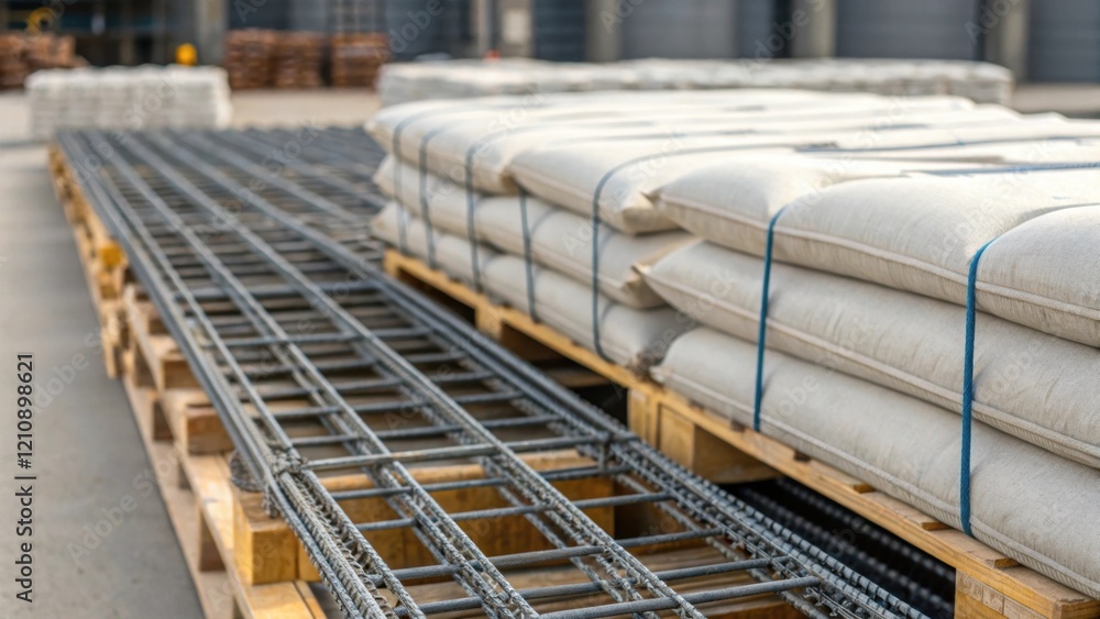 Poster A closeup of reinforced steel bars and concrete bags organized on pallets highlighting effective inventory management practices that streamline material handling and transport.
