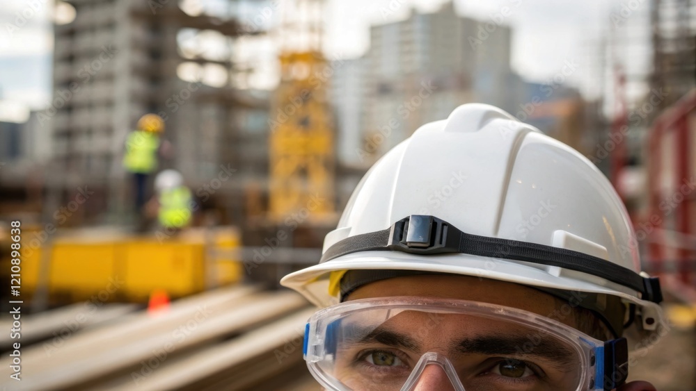 Poster A closeup of safety goggles perched on a workers forehead with a partially blurred view of a construction site behind them emphasizing the readiness for protection.