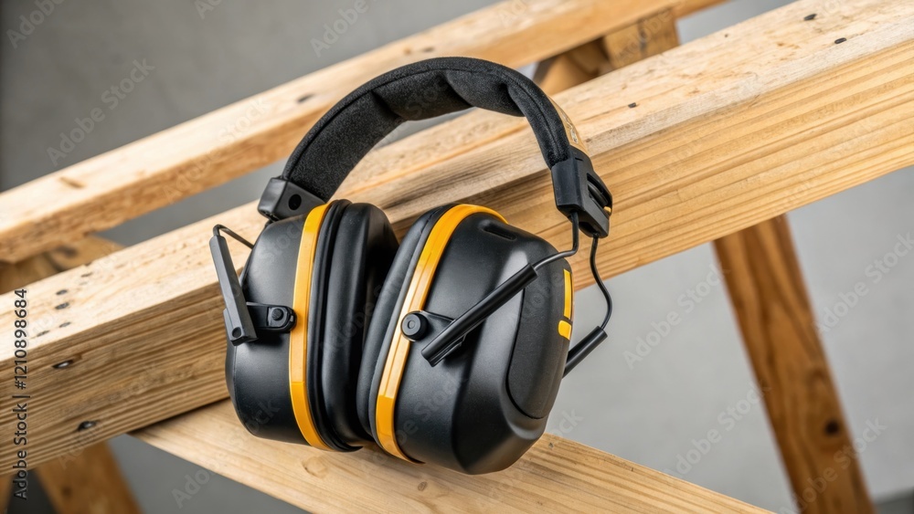 Poster a closeup of specialized ear protection equipment resting on a wooden beam showcasing the detailed f