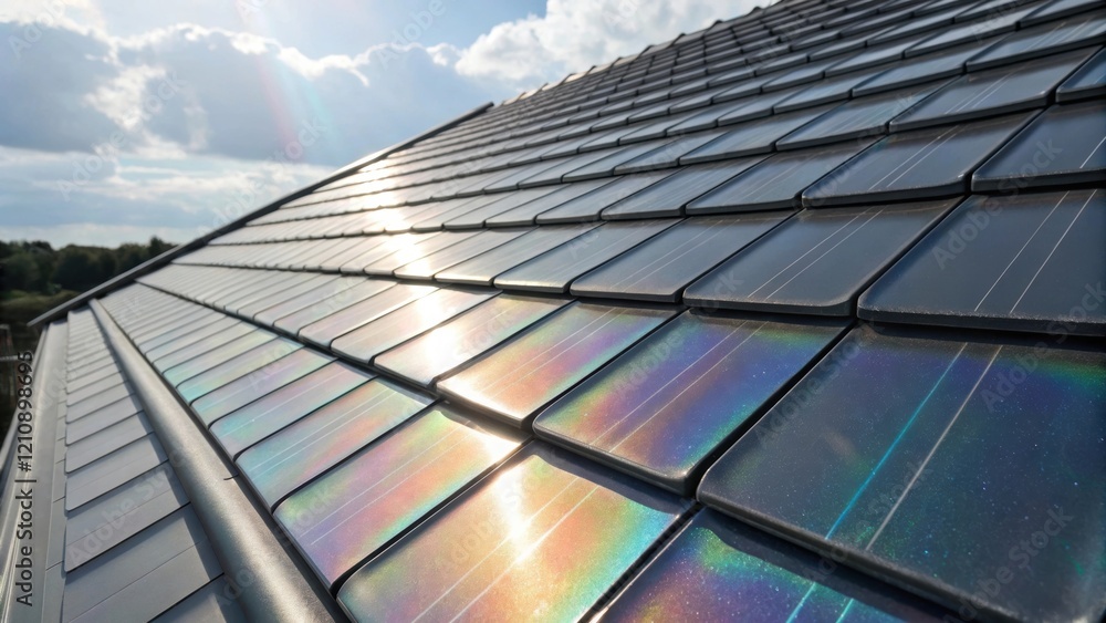 Poster a closeup of solar roof tiles with iridescent surfaces reflecting sunlight emphasizing the integrati