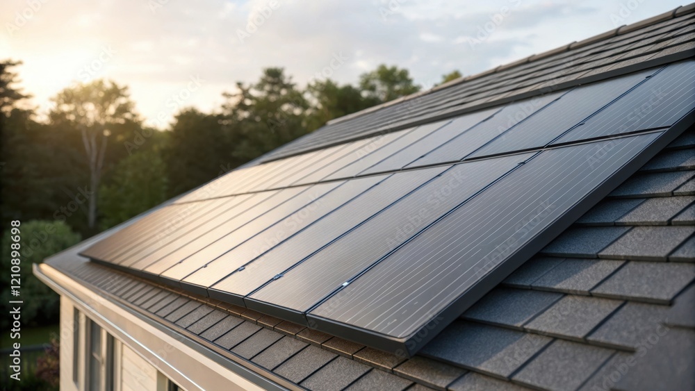 Poster a closeup of solar shingles on a sloped roof illustrating their versatility and function as both roo