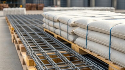 A closeup of reinforced steel bars and concrete bags organized on pallets highlighting effective inventory management practices that streamline material handling and transport.