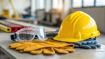 A closeup of safety gear accurately p on a workbench including gloves goggles and a hard hat representing the essential safety practices taught in the training program.