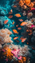 Vibrant coral reef teeming with bioluminescent fish