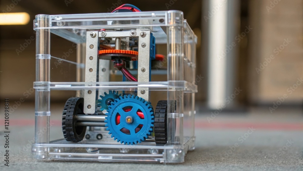 Poster A closeup of the climbing robot in action with its gears and motors visible through a transparent casing. The dynamic movement emphasizes the robots agility as it transitions from