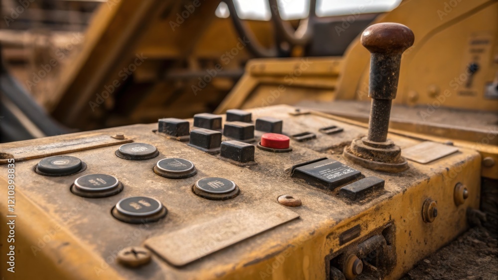 Poster A closeup of the control panel on a bulldozer with buttons and levers covered in dust and grime. The faint hum of the engine reverberates underscoring the persistence of industrial