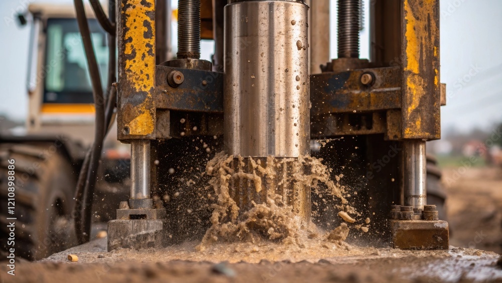 Aufkleber A closeup of the drilling rig in action mud and debris being ejected from a borehole highlighting the machinerys metallic structure and hardworking mechanics.