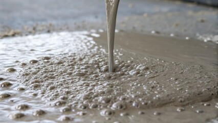 A closeup of the concrete mix pouring out detailing the tiny air bubbles rising to the surface indicating the consistency and quality of the mix as it fills the area below with
