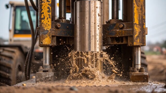 A closeup of the drilling rig in action mud and debris being ejected from a borehole highlighting the machinerys metallic structure and hardworking mechanics.