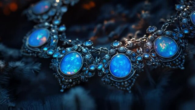 Glistening opal necklace sparkling in soft focus with radiant blue hues