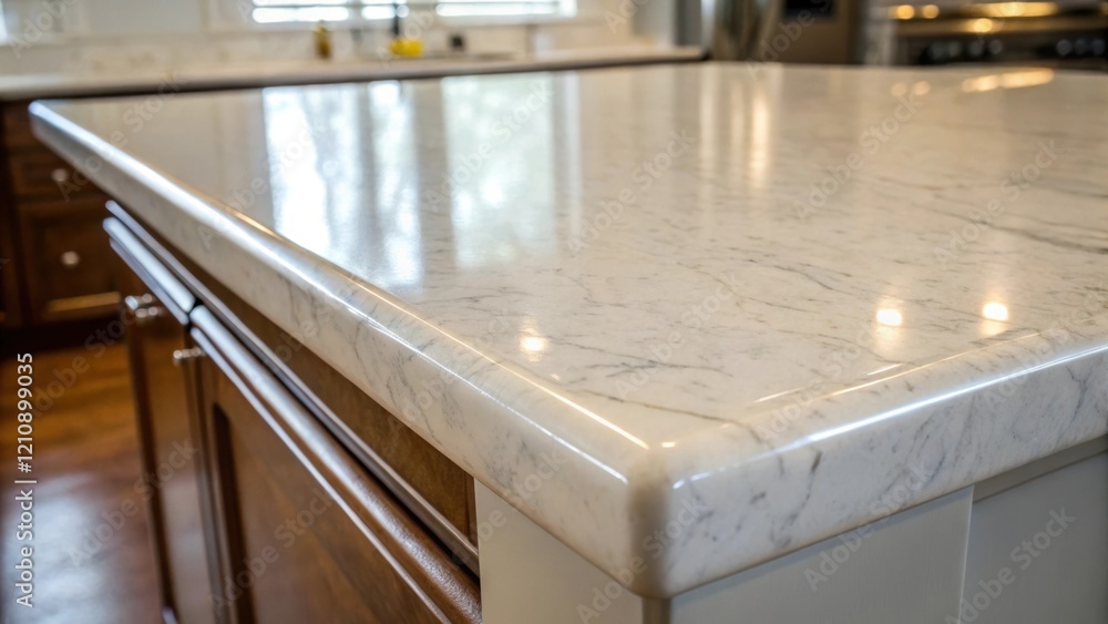 Aufkleber A closeup of the polished edge of a marble countertop showcasing its smooth finish and the subtle interplay of light and shadow along the edge where it joins the work surface.