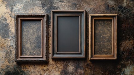 Three empty wooden picture frames on weathered rustic background