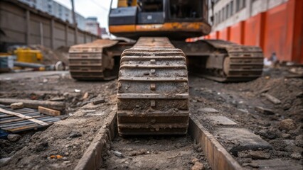 Fototapeta premium A closeup of the rugged tracks of the piling rig embedded in the ground with tered debris and construction materials nearby conveying the rugged environment of construction sites.