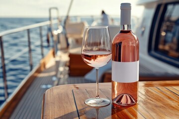 A beautiful rose wine bottle with a glass full of its refreshing contents, situated on a boat deck, embodying the essence of summer enjoyment and relaxation.