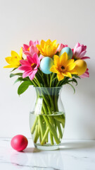 Springtime Tulip Bouquet with Colorful Easter Eggs