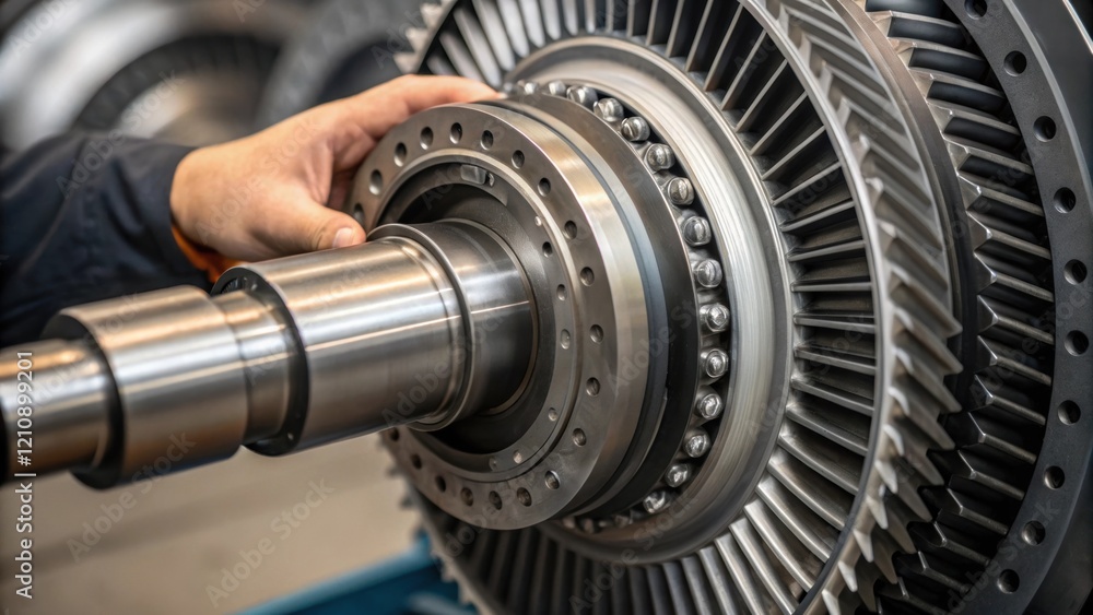 Aufkleber A closeup of the turbines rotor mechanism showcasing the intricate gears and components while a hand is seen adjusting the alignment with precision to ensure optimal performance.
