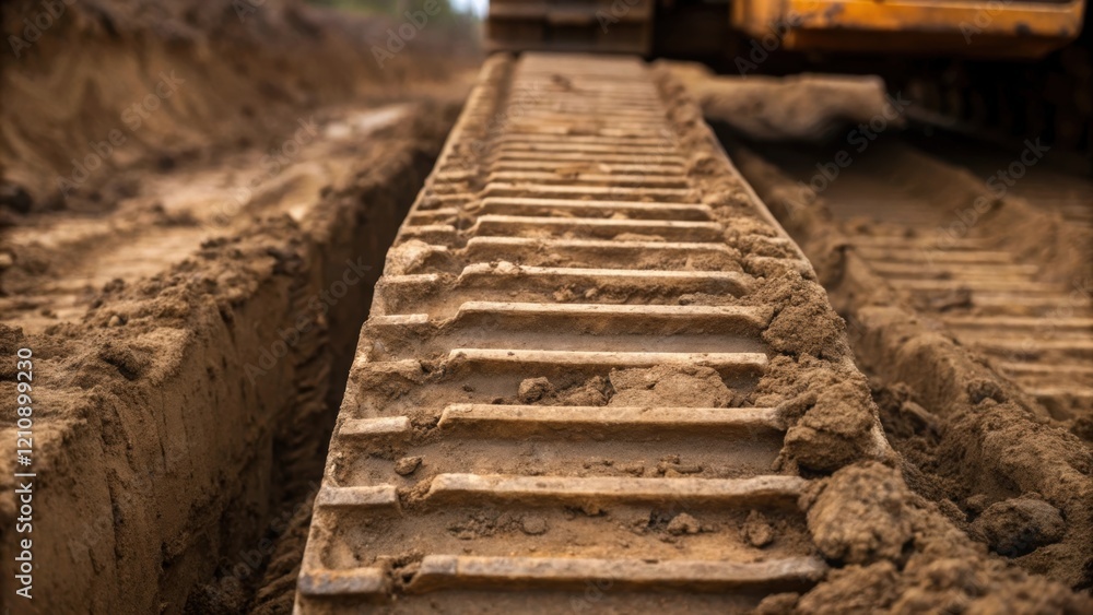 Poster a closeup of the tracks of the excavator entrenched deeply in the mud showing the texture of the ear