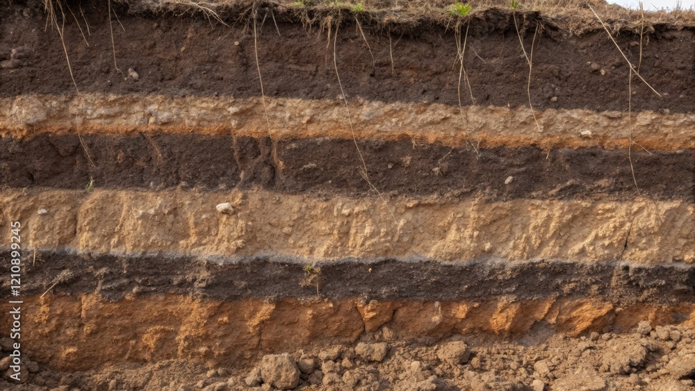 Poster A closeup of the texture of ancient soil layers with dark and light striations clearly visible emphasizing the stratigraphy that provides vital clues to the timeline of the site.