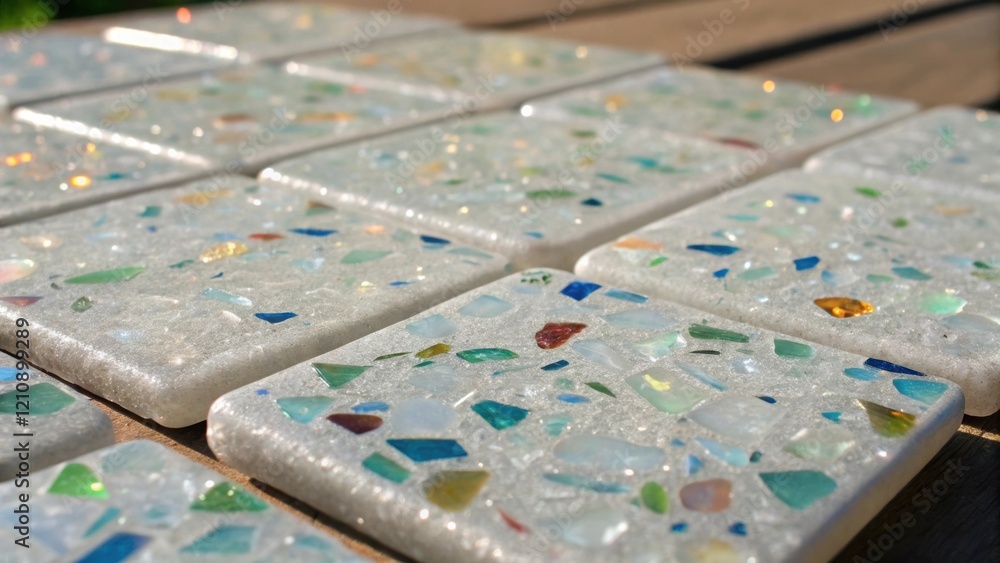 Poster A closeup of translucent tiles crafted from recycled glass shimmering with light revealing their colorful fragments embedded within a smooth surface evoking a sense of artistry in