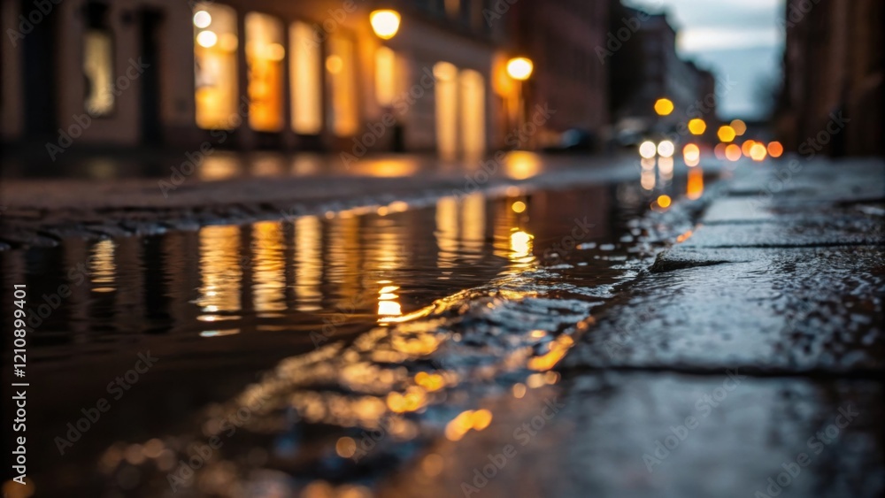 Poster A closeup on the edge of a puddle where soft lights from a nearby building flicker across the waters surface capturing the tranquil beauty of a moment suspended in time amidst the