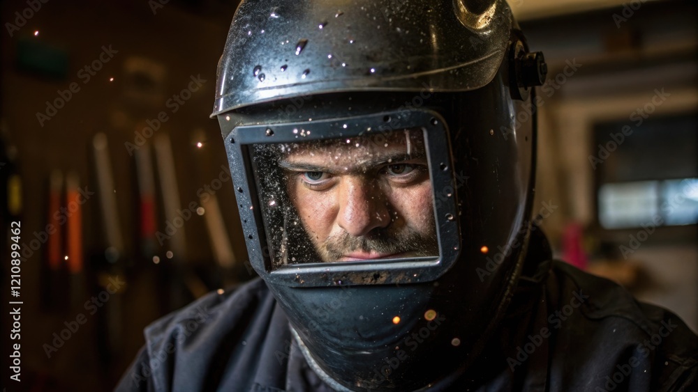 Fototapete A closeup reveal of a welders face shield fogged from heat highlighting sweat drops on their brow and the focused expression of concentration amid an array of tools.