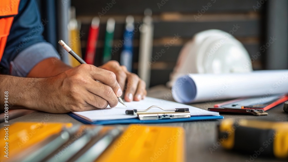 Aufkleber A closeup shot captures the project managers hands as they write notes on a clipboard meticulously tracking daily work progress. Tools and materials can be seen tered in the