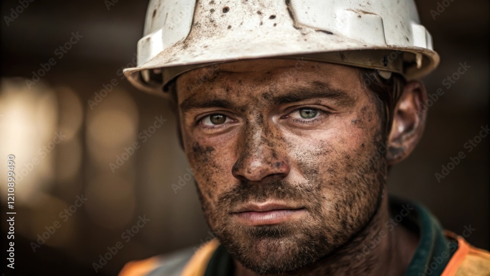 Poster a closeup reveals the rugged texture of the workers skin marked with dirt and minor scars symbolizin