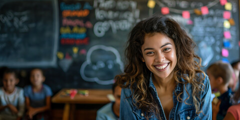 Obraz premium A woman is smiling in front of a chalkboard with a sign that says 