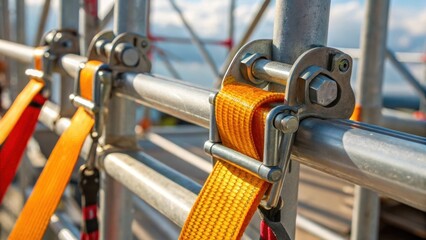 A closeup shot capturing metal scaffolding clamps and safety ss in vivid detail reflecting the sunlight and emphasizing the durable materials used in the assembly process.