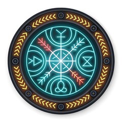 Intricate circular design with neon symbols and patterns in vibrant colors radiating a mystical aura