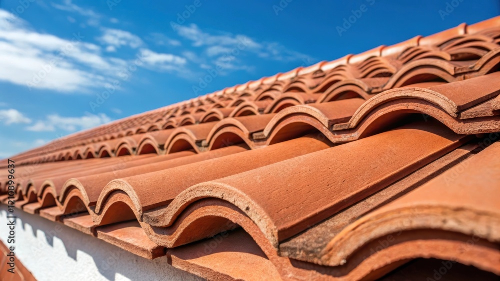 Poster A closeup shot of a newly laid row of terracotta tiles capturing the overlapping edges and the intricate shapes with a backdrop of blue sky enhancing the color contrast.