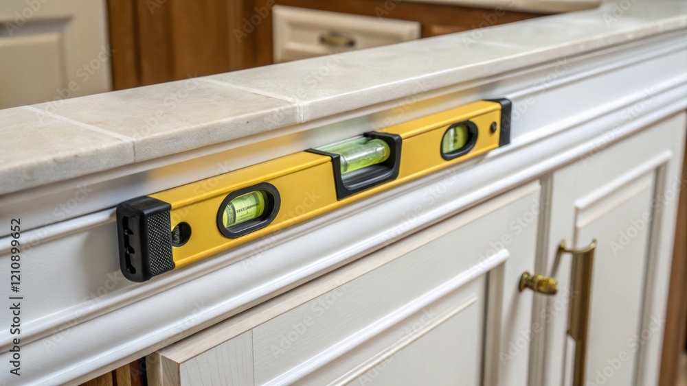 Poster A closeup shot of a level tool ensuring a cabinet is perfectly aligned the bubble in the vial centered with newly installed cabinetry providing a backdrop of fresh paint and clean