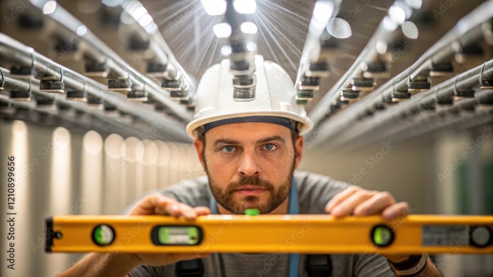 Poster a closeup shot of an installer using a level to ensure that a row of newly installed sprinkler heads