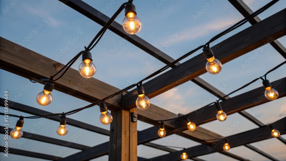 Poster a closeup shot of a robust string light system strung between construction beams with several bulbs 