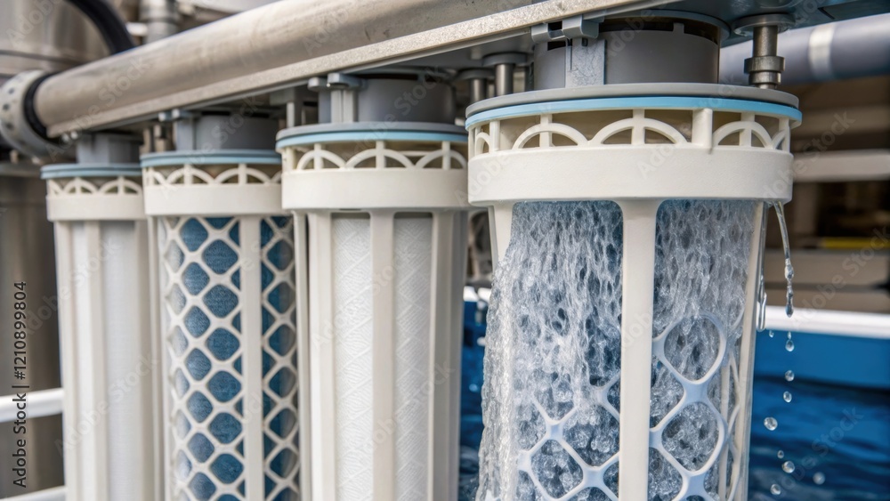 Poster A closeup shot of filtration systems with water flowing through capturing the intricate designs and engineering behind ensuring clean water supply.