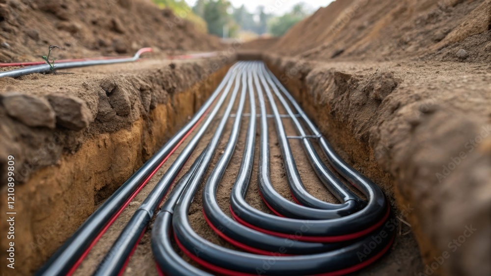 Poster A closeup shot of geothermal loops being carefully p into a trench displaying the smooth coiled pipes designed for energyefficient heat exchange with the ground.