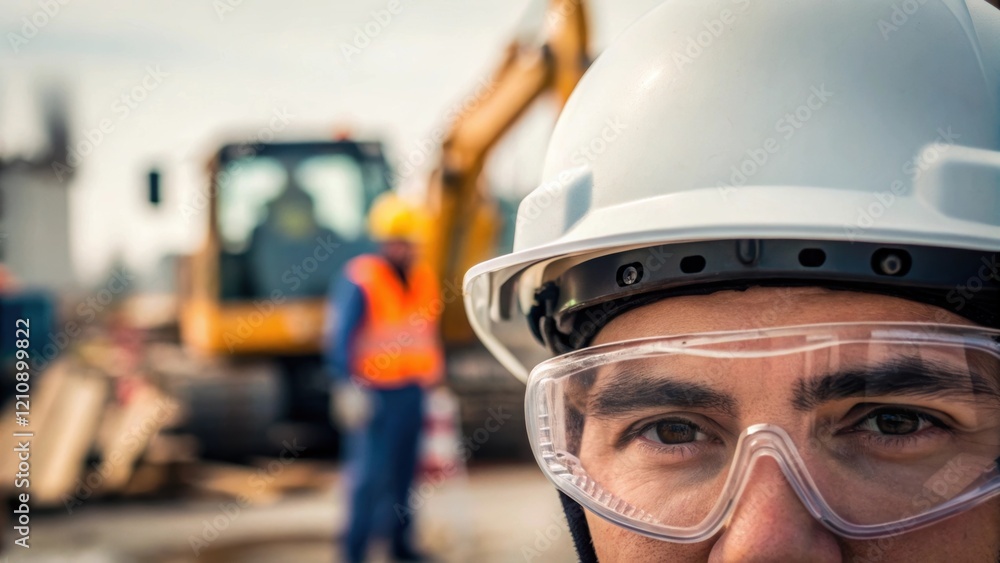 Poster A closeup shot of safety goggles resting on an inspectors forehead as they observe workers operating heavy machinery in the background highlighting the importance of personal