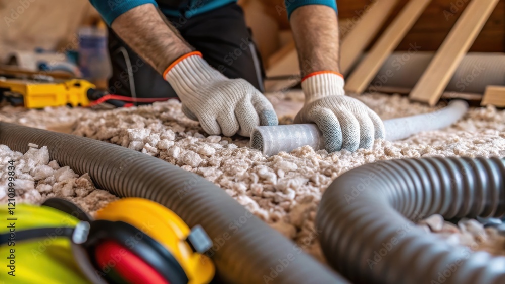 Poster A closeup shot of a workers hands deftly sorting through a heap of insulation material and old pipes with tools and safety gear visible in the background emphasizing the meticulous