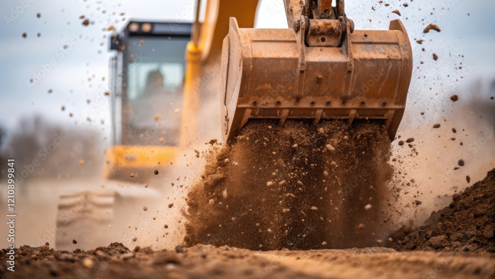 Poster a closeup shot of dirt flying through the air as the excavators bucket lifts a load capturing the dy
