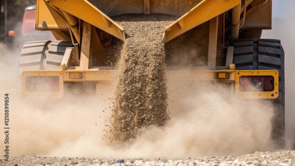 Poster a closeup shot of gravel being poured into a large construction mixer with dust particles visibly ri