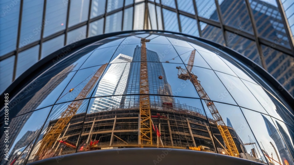 Poster a closeup shot of reflective glass with the surrounding construction site mirrored in its surface pr