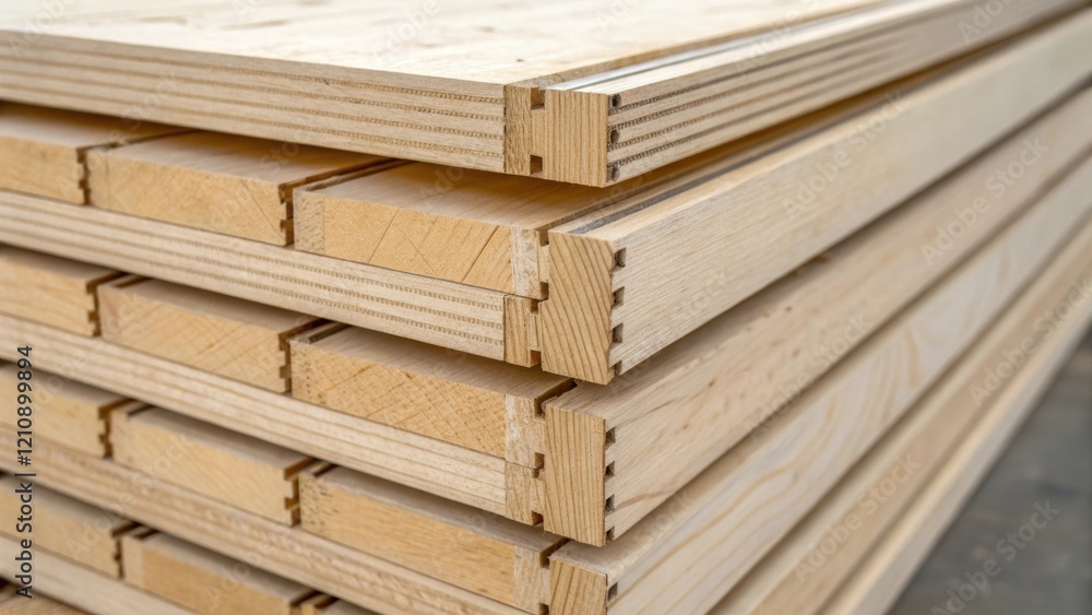 Aufkleber A closeup shot of the interlocking edges of two stacked CLT panels demonstrating their engineered connection points. The tight fit and precision crafting underscore the structural